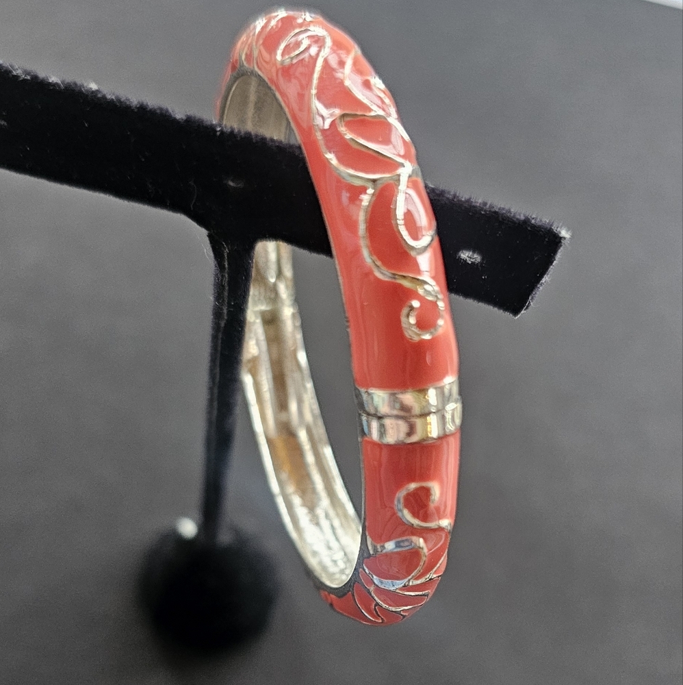 Coral & Silver Enamel Cuff Bangle Bracelet